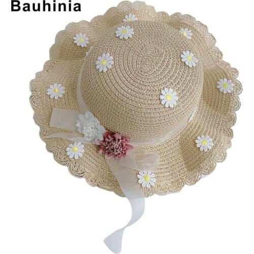 Bauhinia summer childrens straw hat girl big eaves sunscreen sun hat princess beach hat female cool hat foldable beach sun hat