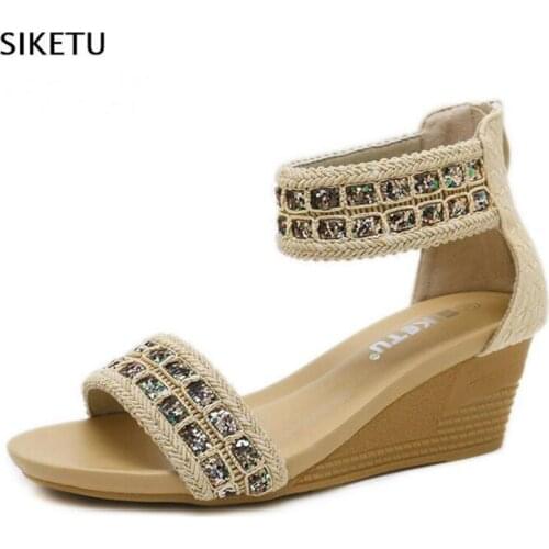 Summer woman sandals PU Sequined Cloth Wedges Rhinestones Comfy Soft Ladies Sandals women shoes sandalias mujer 2020 size 36-44