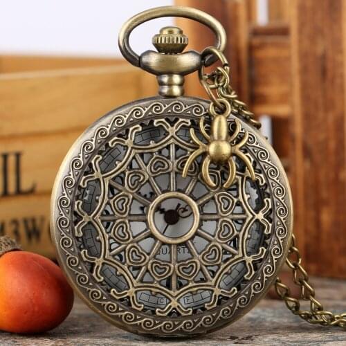 Vintage Bronze Hollow-out Spider Web Pocket Watch Necklace Chain Retro Pendant Clock Steampunk Watch Men Women Relogio De Bolso