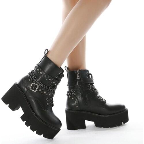 Black Boots With Gold Chain Gothic Street Gothic Boots Chains Pltaform Shoes Women Thick Bottom Metal Decor Plus Size 43