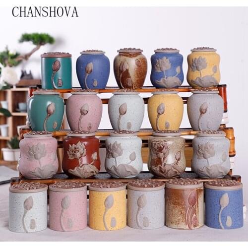 CHANSHOVA Traditional Chinese Style Relief Lotus Ceramic Tea Box Sealed Moisture-proof Porcelain Tea Storage Container H033