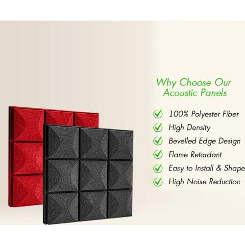 Set of 12 12"x12" Acoustic Foam Panels Black & Red Wall Panels Accessories