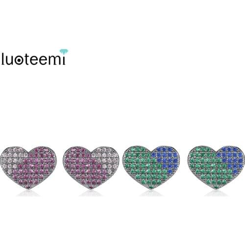 Luoteemi Newest Style Unique Double Color Cubic Zirconia Micro Setting Heart Shape Stud Earrings For Women Ladies Party Jewelry