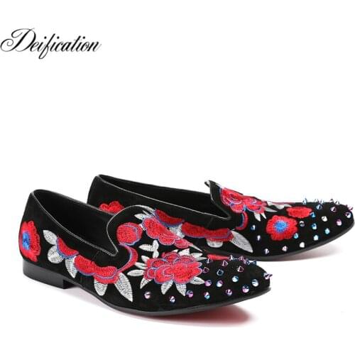 Deification Luxury Flowers Embroidery Loafers Pig Suede Runway Mens Casual Flats Rivet Studded Slip On Designer Shoes Mocassins