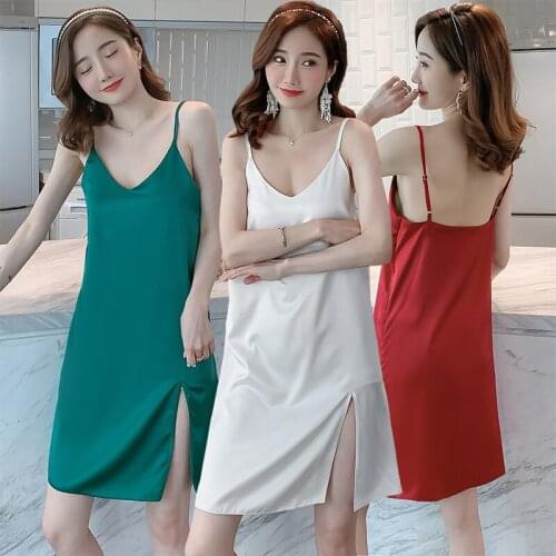 2021 New Summer Silk Satin Sexy Lingerie Spaghetti Strap Nightgowns for Women Sleepwear Night Dress Nightdress Home Dress Nighty