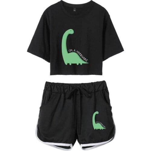 New Summer Harajuku Dinosaur Prints Women Short Sleeve Crop Tops Shorts Cartoon T Shirt Graphic Tees Streetwear Plus Size