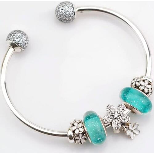 NEW 100% 925 Sterling Silver Bracelet Set For Europe Women Spring White Flowers DIY Gift Original Bangle & Green Charm Bead