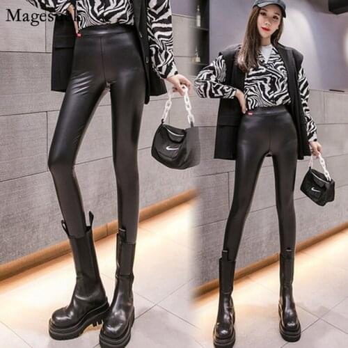 New Autumn Winter Velvet PU Leather Pants Women High Waist Black PU Leather Leggings Pencil Skinny Women Pants Trousers 11688