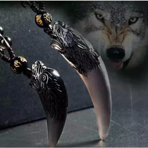 Natural Stone Black And Ice Obsidian Pendant Necklace Wolf Tooth Amulets And Talismans Couple Necklace For Women And Men