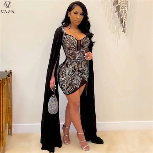 VAZN New 2021 Spring Women Sexy Club Party Style Short Dress Long Sleeve Strapless Dress Appliques Mini Short Lady Dress