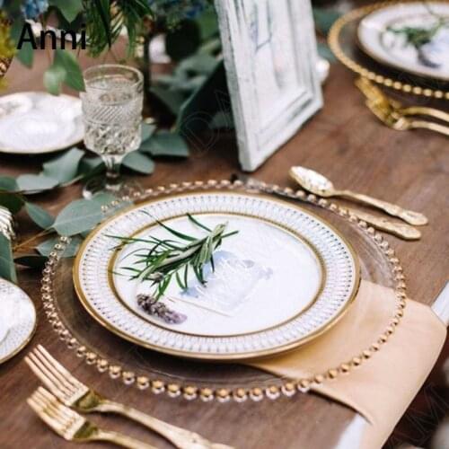 Gold Inlay Transparent Glass Dinner Plate Golden Bead Decorative Cake Dessert Plates Wedding Decoration Home Kitchen Utensils
