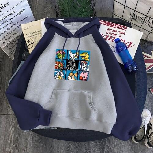Mens Personality Hoodies Digimon Cartoon Print Sweatshirt Hooded Male Fashion Winter Fleece Raglan Hooded Streetwear Pullover