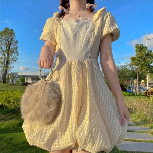 Japanese Temperament Sweety College Style Ball Gown Dress Kawaii Lace Square Collar Cute Puff Sleeve A-Line Mini Dresses Woman