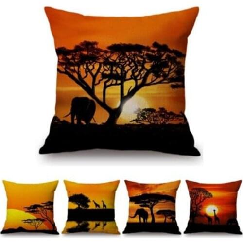 Sunset Africa Landscape Wild Animals Elephant Giraffe Scenic Home Art Decorative Throw Pillow Case Cotton Linen Cushion Covers