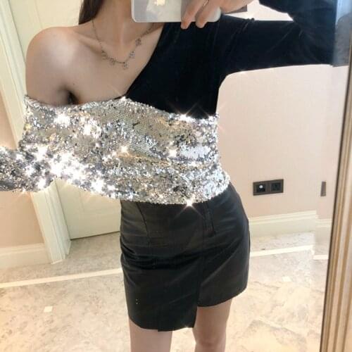Off-shoulder top Sequined Patchwork Women T Shirt 2020 Spring New Pullover Top Female Pullover Collarless Casual Sweatshirt DD26