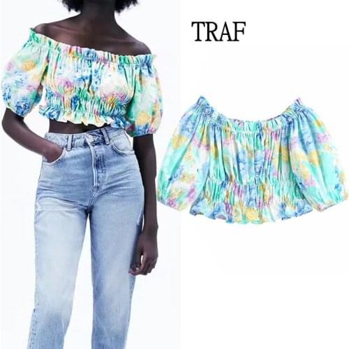 TRAF Za 2021 Floral Print Cropped Blouse Women Summer Vintage Top Off Shoulder Sexy Top Woman Shirts Chic Pleated Smocked Blouse