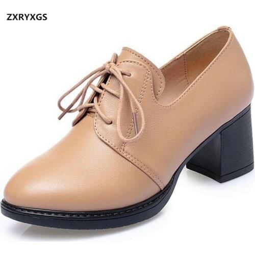 HOT 2020 New Autumn Top Cowhide Classic Elegant Women High Heel Shoes Lace-up Thick Heel Comfortable Shoes Women Leather Shoes