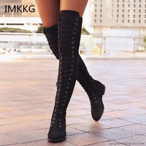 Sexy Lace Up Over Knee Boots Women Boots Woman Square Heel Rubber Flock Boots Botas Winter Thigh High Boots 35-43 Q604