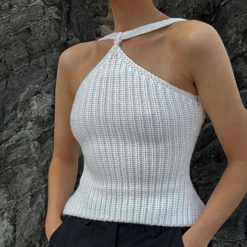 Women White Slim Backless Crop Tops Sexy Strapless Halter Knitted Camis Summer Fashion Beach Bandage Black Cropped Tank Top