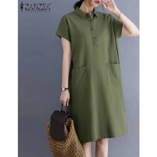 ZANZEA Womens Summer Sundress Vintage Short Sleeve Dress Loose Lapel Vestidos Holiday Solid Dress Pockets Casual Robe Oversize