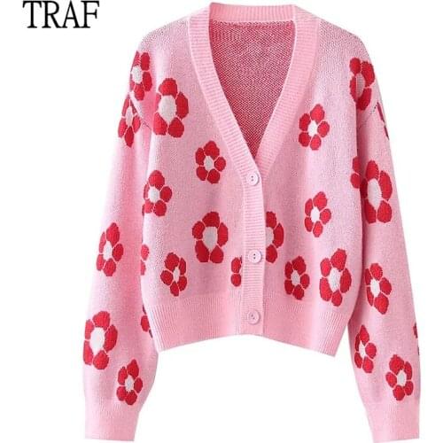 TRAF Za Women Knitted Cardigans Sweater 2021 Autumn New Flower Jacquard Long Sleeve Loose Coat Casual Button V Neck Female Tops