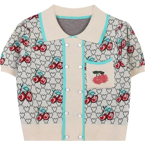 Ladies Jacquard Cherry Knit Sweater Fashion Korean Chic Lapel Short Sleeve Knit Short Sweater Pullover 2021 Summer New
