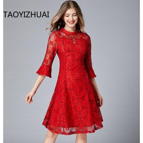 Women plus size dresses Red brand fashion embroidery middle sleeve fashion versatile casual dress