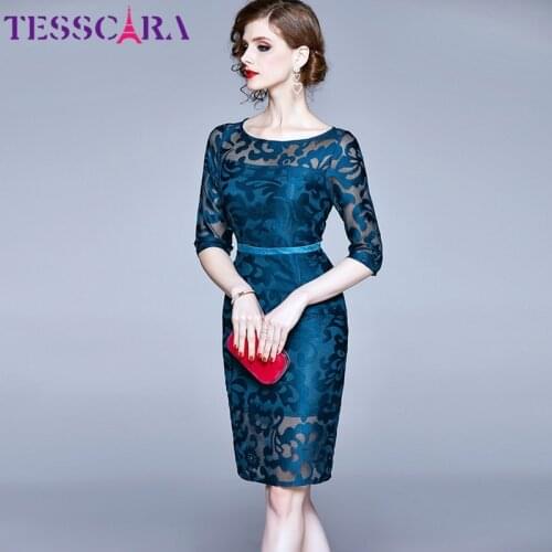 TESSCARA Women Summer Elegant Blue Pencil Dress Festa High Quality Mesh Cocktail Party Robe Femme Vintage Designer Lace Vestidos