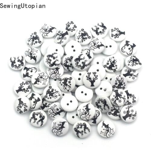 100PCS 15mm Santa Christmas Deer Wood Buttons Mix Xmas Wood Sewing 2 Holes for Scarpbooking Garment Accessories