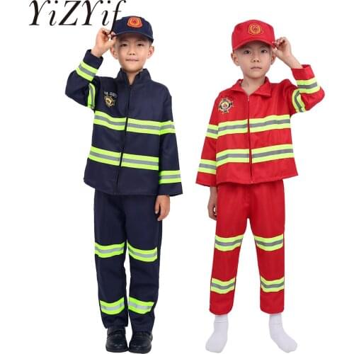 2021 Halloween Cosplay Kids Firefighter Uniform Children Fireman Role Work Clothing Suit Boy Girl Performance Party Costumes