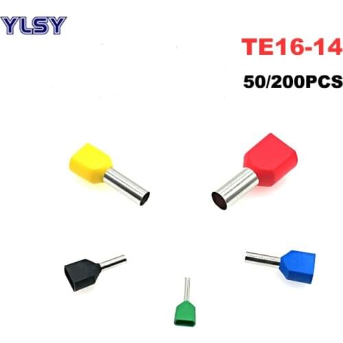 50/200pcs Dual Wire Tube Ferrule Insulated Crimp Terminals TE16-14 Pipe Electrical Double Wiring Terminal Connectors Cable 6AWG
