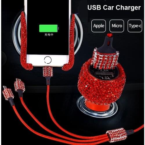 Bling Crystal 3 in 1 Charger Cable Dual USB Car Charger Sparkly Rhinestones Car Vent Phone Holder Car Decorations Accessories