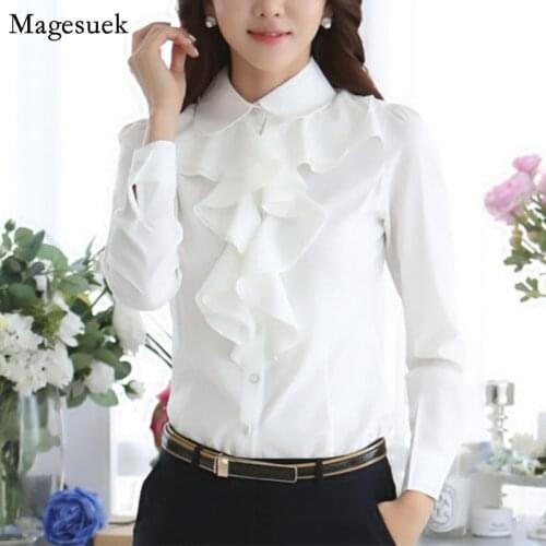 Spring Long Sleeve Ruffles Chiffon White Blouse Women Solid Casual Women Blouses Shirts Button Office Ladies Tops Blusas 8C81