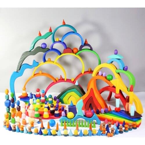 Big Wooden Rainbow Building Blocks Wooden Stone Balls Plate Figures Rainbow Stacking Blocks Montessori Warm Color Blocks Toy