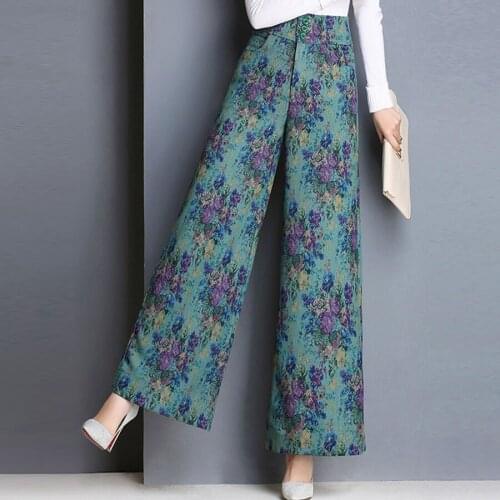 Summer Spring Fashion Women Printed Floral Pattern Green Wide Leg High Waisted Trousers , Casual Woman Female Painted Pants