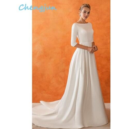 Chengjun 2020 Half Sleeve Sexy Backless Heavy Satin Wedding Dress Bridal Gown