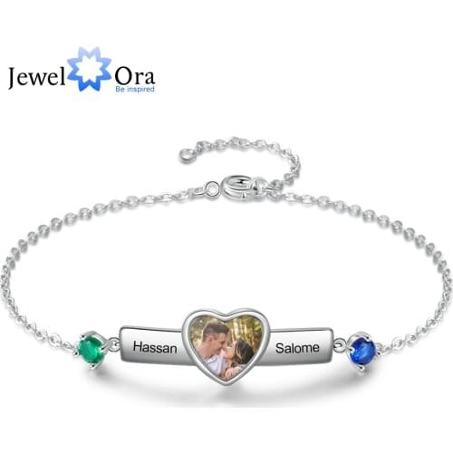 JewelOra Designer Jewelry-Personalized Engrave Name Bar Bracelet with Birthstone Custom Memory Photo Heart Bracelets Women Gifts