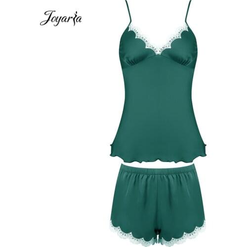 Joyaria Women Sexy Sleepwear Summer Pajama Sets Nightgowns Sleepshirts White Lace Cami Top Satin Shorts Suits