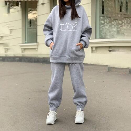 Oversized Heart Print Hoodie Womens Tracksuit Set Woman Casual 2 Piece Sets Pants And Sweatshirt 2021 Winter Autumn Streetwear