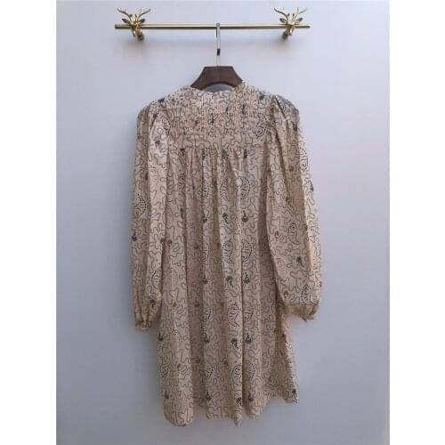 Red beige Woman Cottont Graffiti Printed Short Oversized Dress Long Sleeves V-neck Fashion Dress