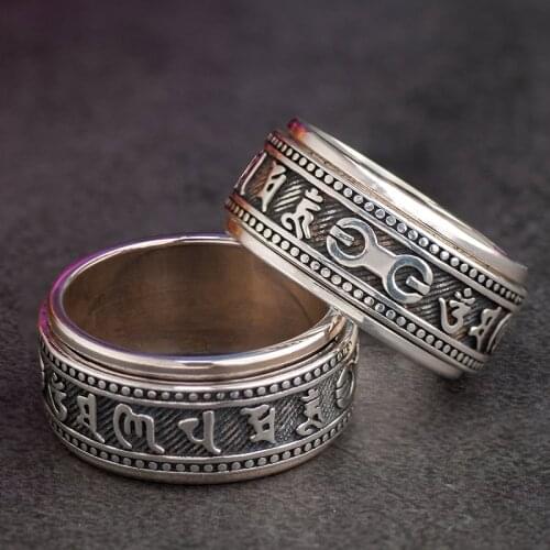 925 Silver Mantra rings for men Rotatable Om Mani Padme Hum Tibetan Buddhism fashion jewelry