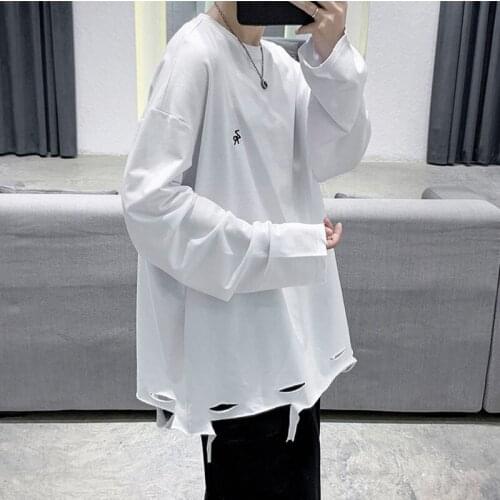 Oversized Men T Shirt Autumn Long Sleeve O Neck Solid Casual Loose High Street Hollow Out Print Korean Japan Style Harajuku Tops
