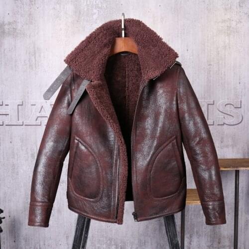 Mens Shearling Jacket Short Leather Jacket Mans Sheepskin Aviator Fur Coat Lambs Fur Outerwear Flight Jacket