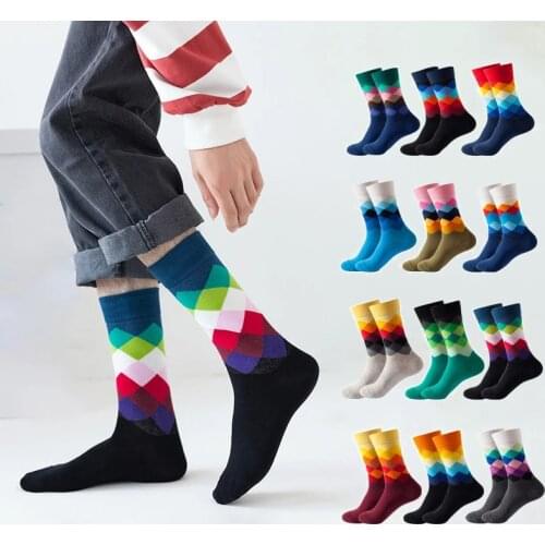5 Pairs Happy Funny Socks Casual Cotton Mens Socks With Print Plaid Pattern Argyle Autumn Winter Fashion Harajuku Men Socks Hot