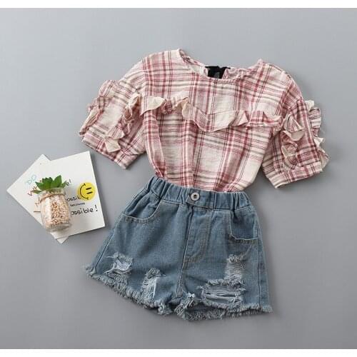 2-7 years High quality girl clothing sets 2019 new summer casual plaid solid kid children girl clothing shirt+demin pant 2pcs