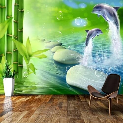 Custom Self-adhesive Mural Sticker Bamboo Dolphin Cobblestone 3D Photo Wallpaper Waterproof Wall Painting Living Room Decoration