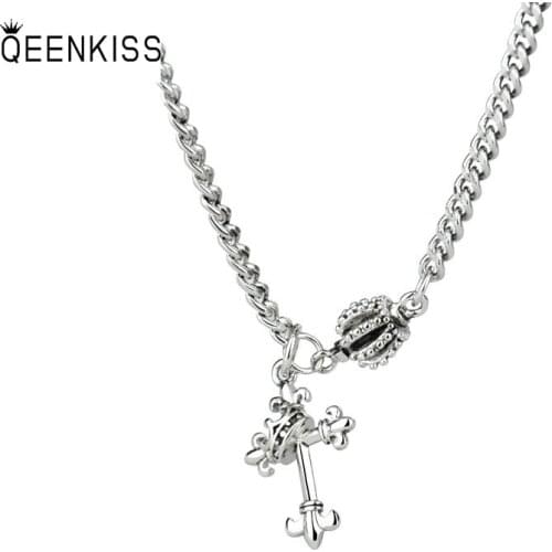 QUEENKISS NC681 Fine Jewelry Wholesale Fashion Lady Girl Birthday Wedding Gift Retro Cross 925 Sterling Silver Pendant Necklace