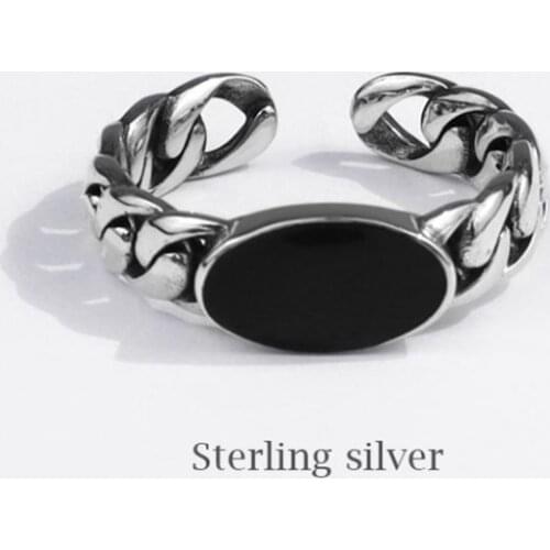 Season Gate 925 Sterling Silver Punk Personality Trendy Creative Wave Weaving Black Circle Adjustable Size Open Ring SR113