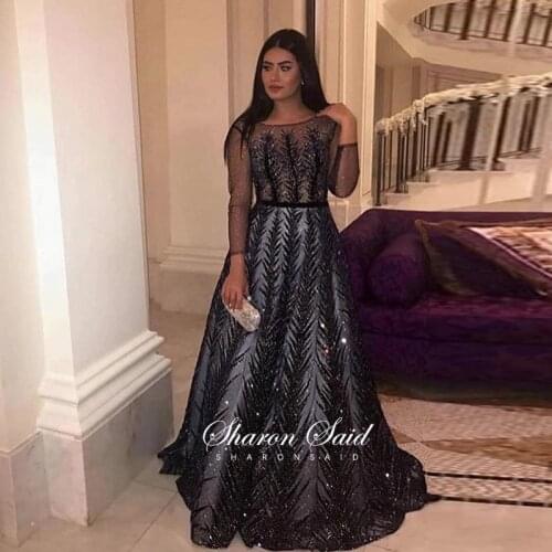 Luxury Crystal Dubai Long Sleeve Evening Dress Muslim Emerald Green Formal Gown Black Plus Size Women Wedding Party Dresses