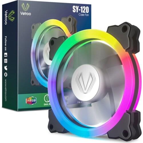 VETROO 120mm Cooling Fan Addressable Motherboard Sync With 3Pin RGB Adjustable LED Ultra Silent PC Computer Cooler ARGB Case Fan